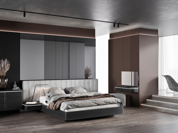 Шпонированная кровать широкая ORLY ясень choco